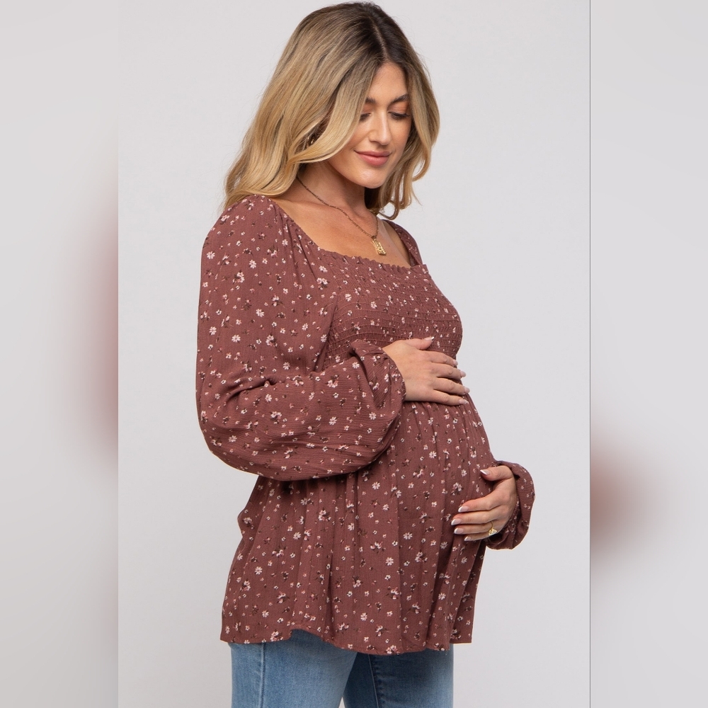 Pinkblush Maternity Top NWT Brown Floral Long Sleeve - Picture 2 of 4